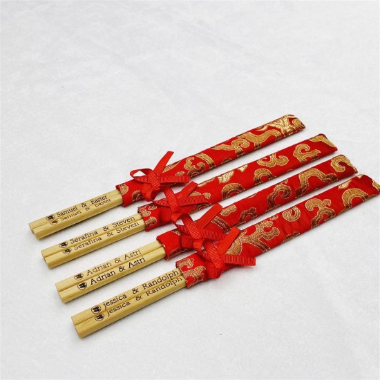 Custom wedding chopsticks with silk sleeves made by Dalbergia wood MOQ 50 pieces